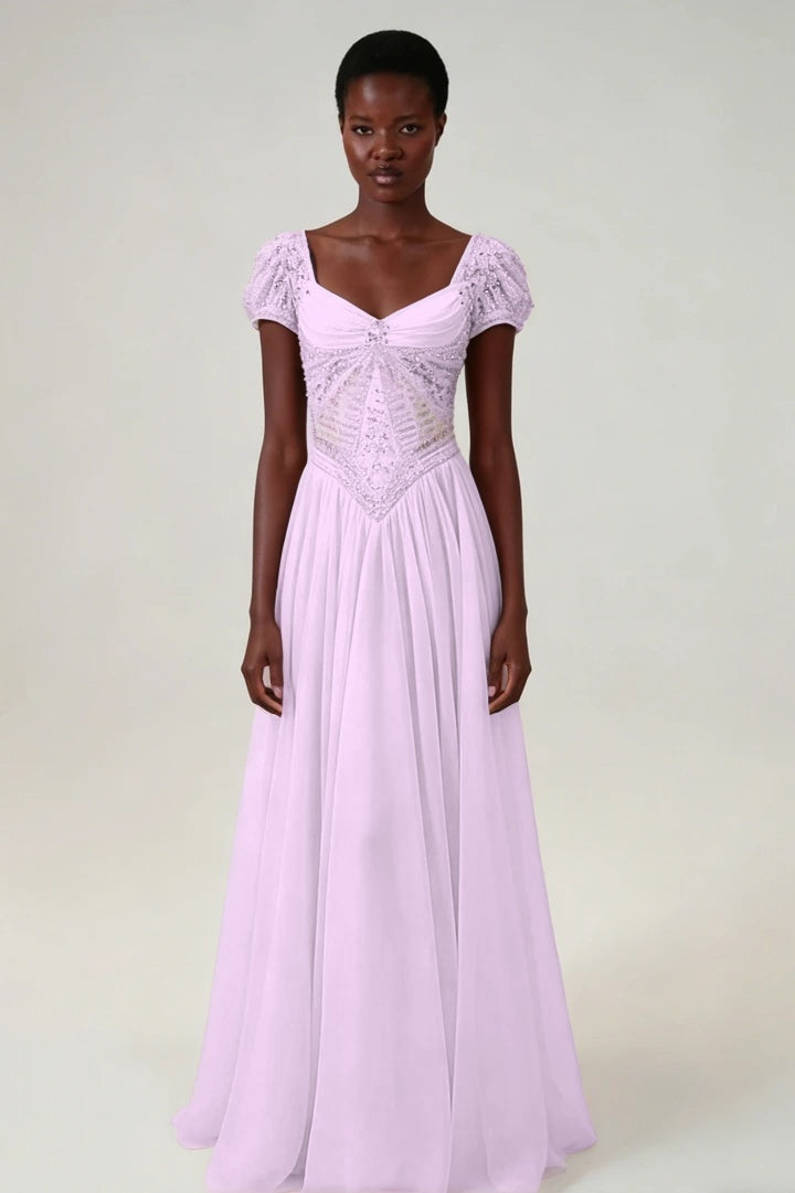 Stunning Blushing Pink Chiffon Sleeveless Long Evening Dress With Sequins