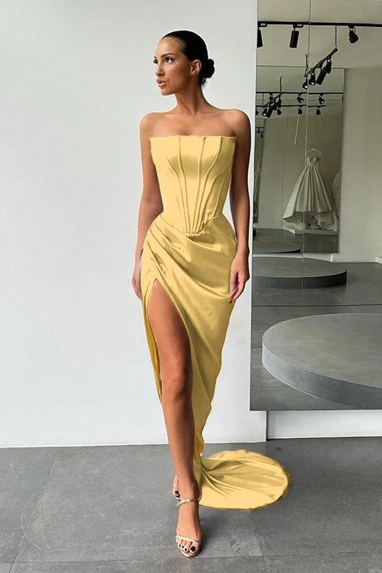 Strapless Slit Long Prom Dress Evening Party Gowns