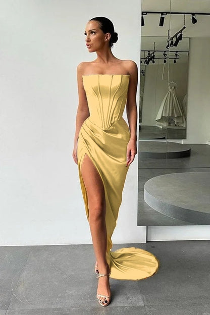 Strapless Slit Long Prom Dress Evening Party Gowns