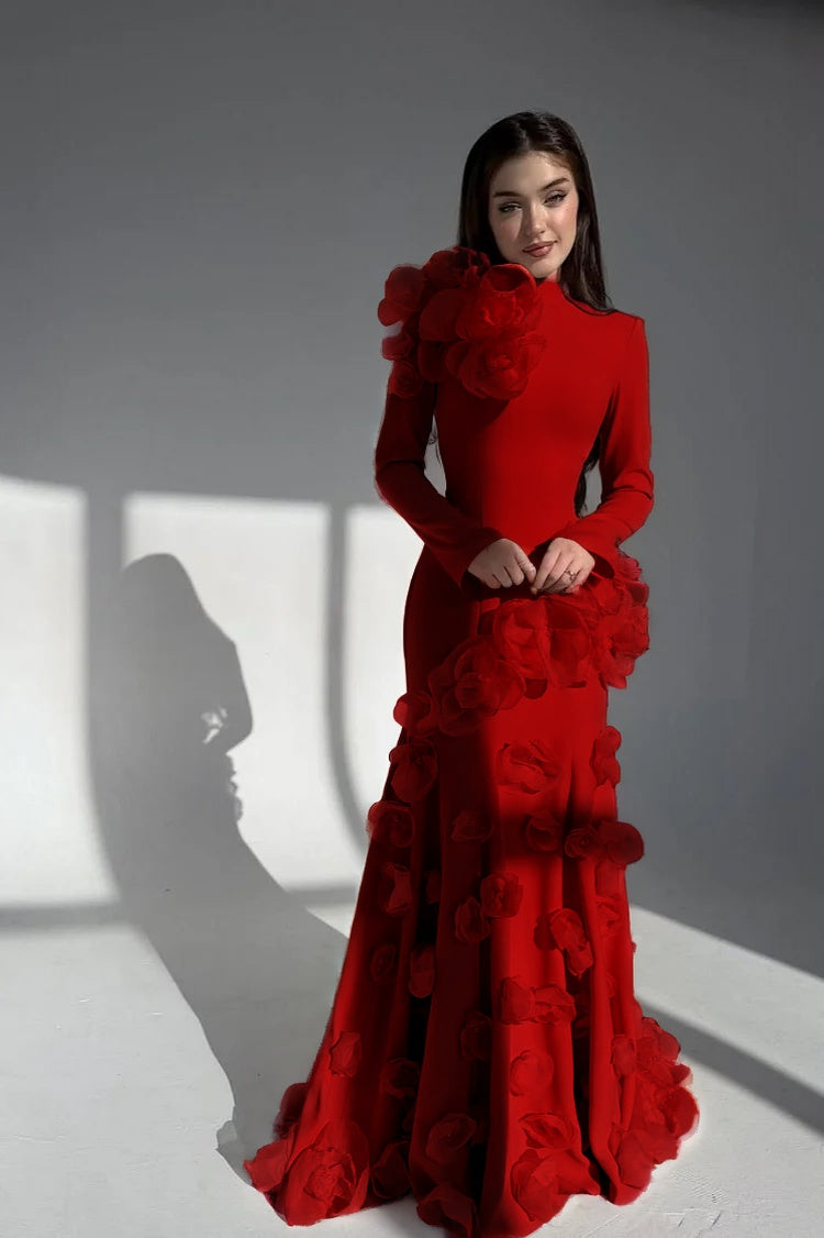 Elegant Long Sleeves Long Evening Dress With Handmade Flower