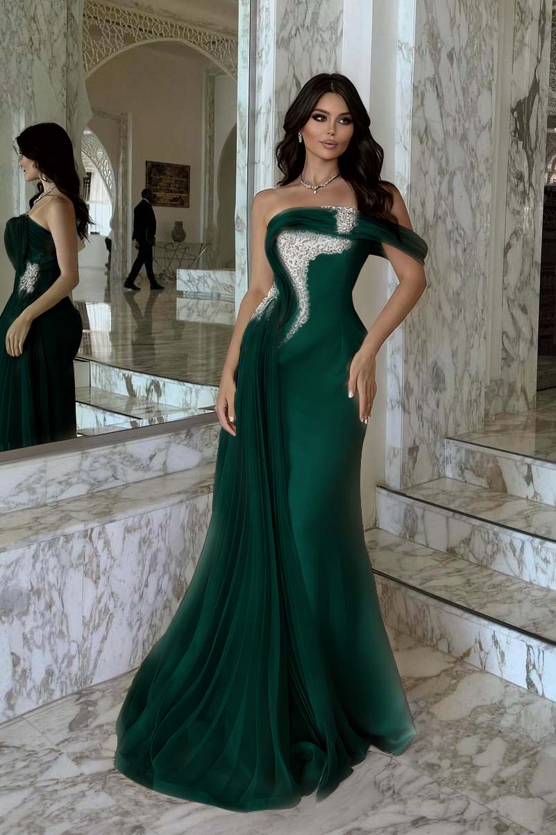Elegant Pink Satin One Shoulder Beaded Strapless Prom Dress with Train