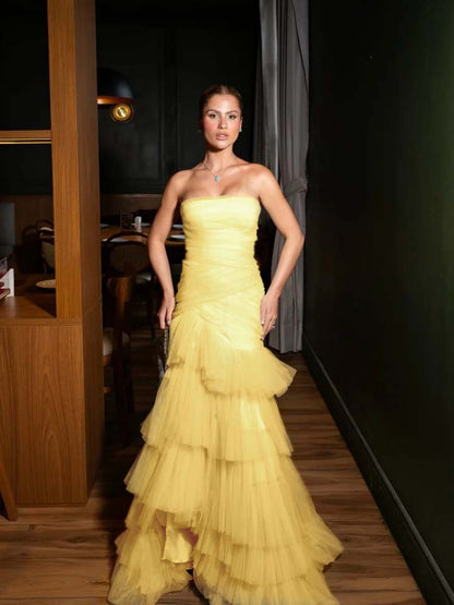 Stunning Straight Across Sleeveless Pleated Tulle Mermaid Evening Dress
