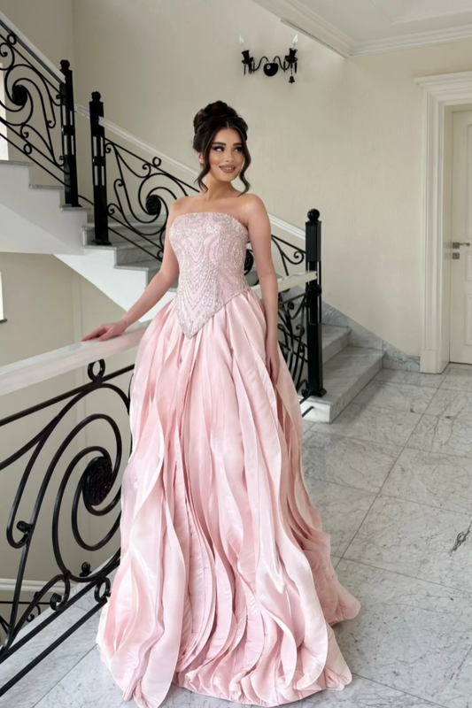 Elegant Pink Strapless Evening Dress A-Line Floor Length with Beading
