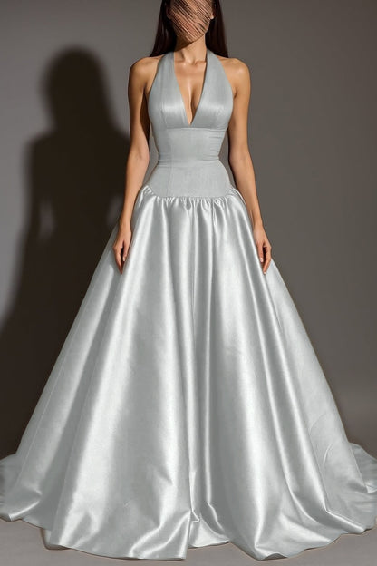 Sexy Sleeveless Halter Straps A-Line Deep V-Neck Long Prom Dress