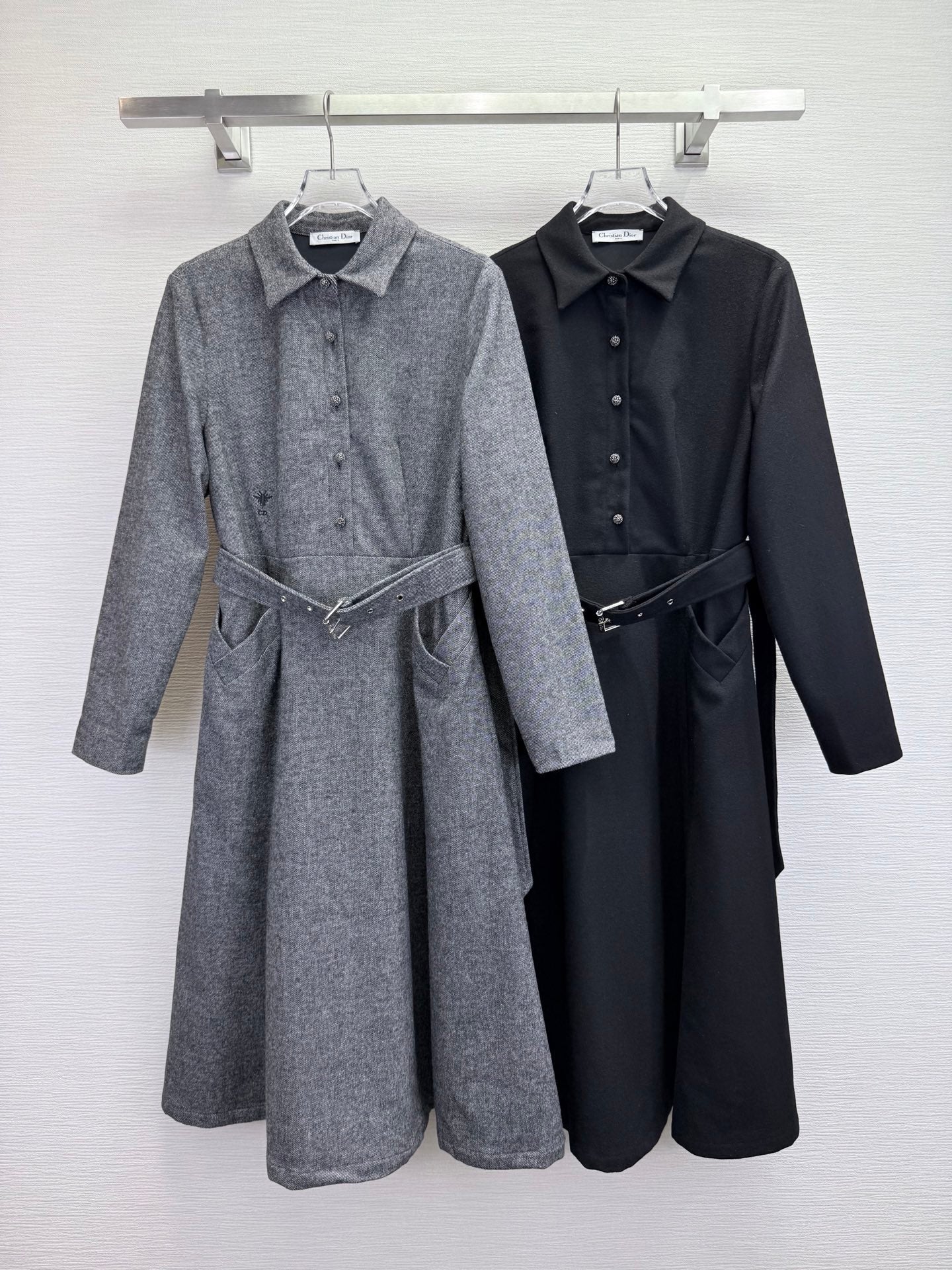 CD 25SS Long Dress With A Fabric Belt Black Wool 306575