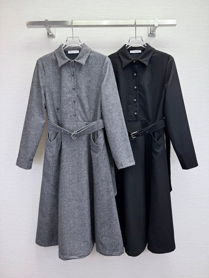 CD 25SS Long Dress With A Fabric Belt Black Wool 306575