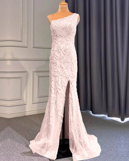 Light Purple Mermaid Beads One Shoulder Prom Dress With Long Ruffles Appliques Front Split