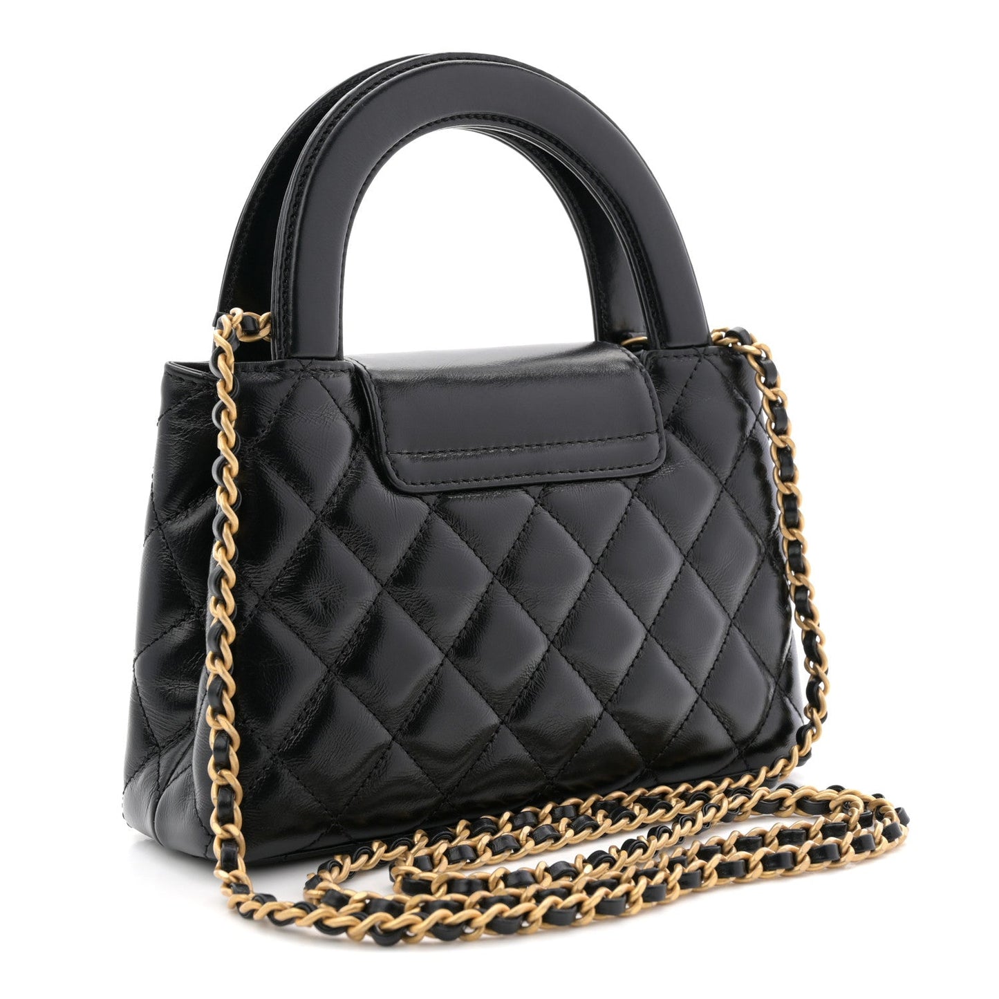 Shiny Aged Calfskin Quilted Nano Kelly Shopper Black