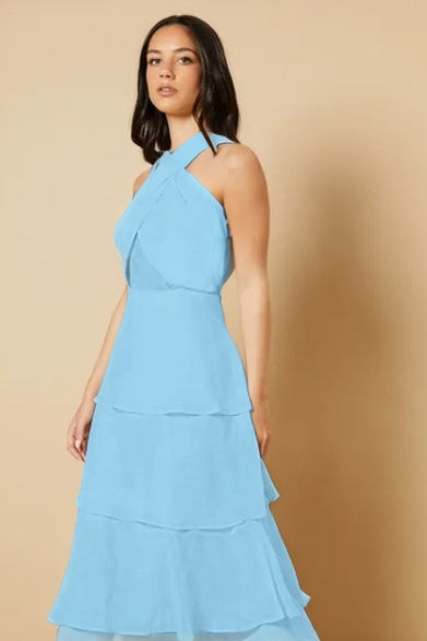 Sleeveless Halter Straps A Line Long Ruffles Prom Dress