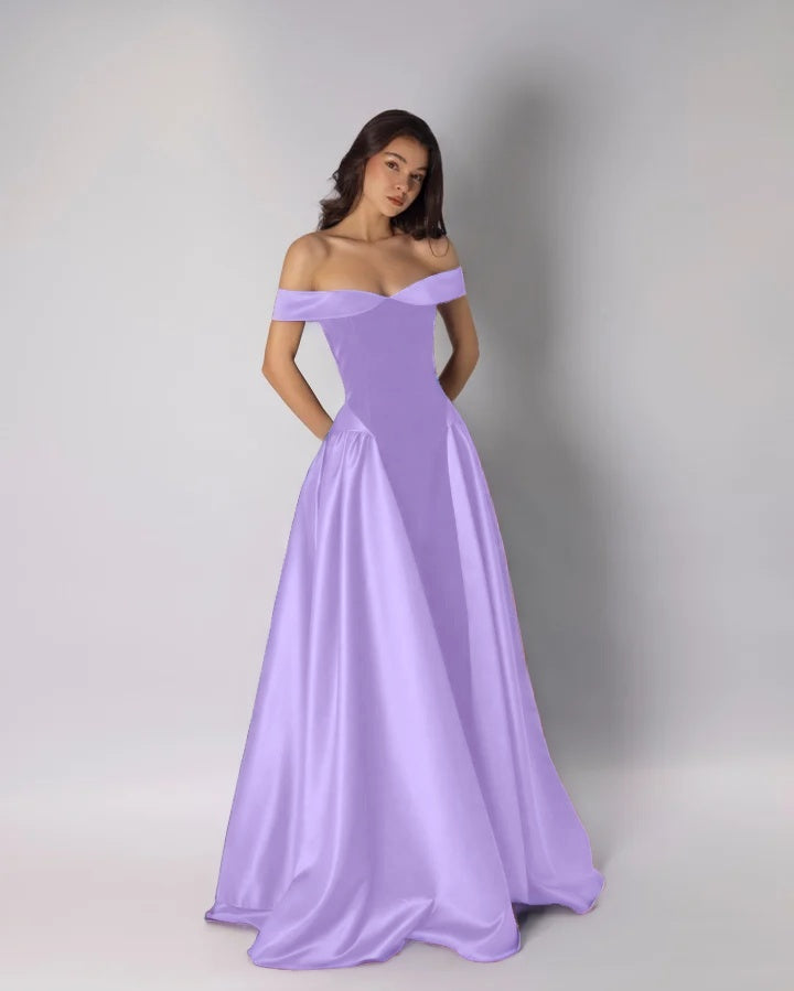 Classic Dark Purple Off-The-Shoulder Pleated A-Line Evening Dress