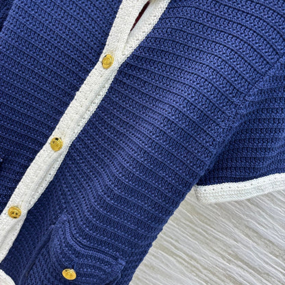 Gucci 25 Knitted Short-sleeved Cardigan Navy Blue Cotton