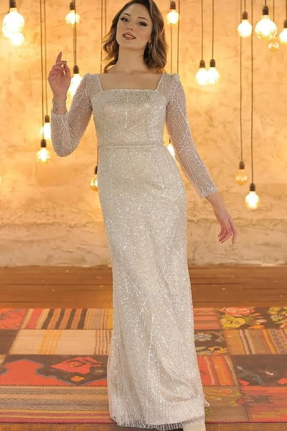 Luxurious Long Sleeves Square Long Evening Dress With Beading