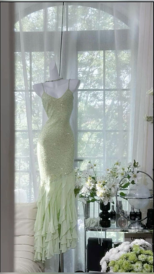 Mint Green Mermaid Spaghetti Strap Beaded Ruffle Chiffon Party Dress Evening Dress SH3391