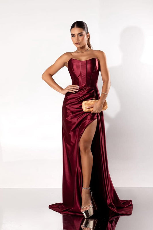 Beautiful Burgundy Satin Sleeveless Strapless Long Pleated Prom Dress with Split