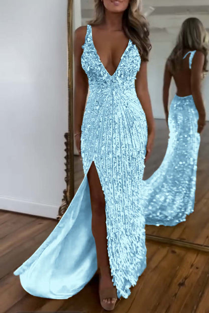 Charming Gold Sequins Spaghetti Strap Sleeveless V Neck Long Prom Dress with Split