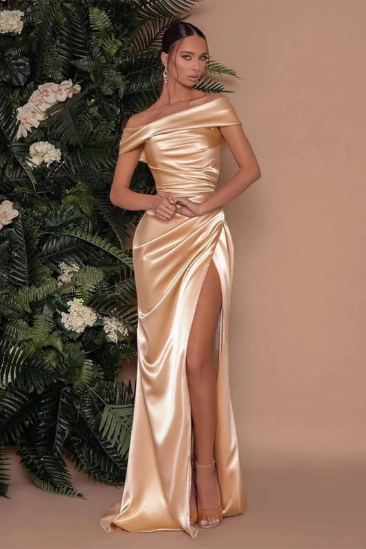 Champagne Off The Shoulder Prom Dress Charmeuse Slit Mermaid