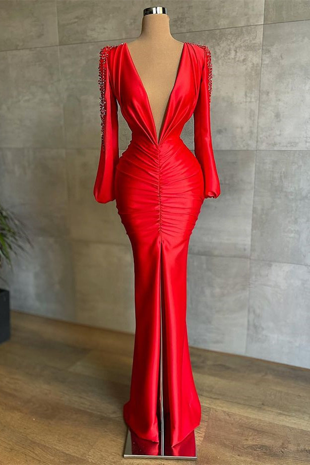 Deep V-Neck Long Sleeves Red Mermaid Prom Dress