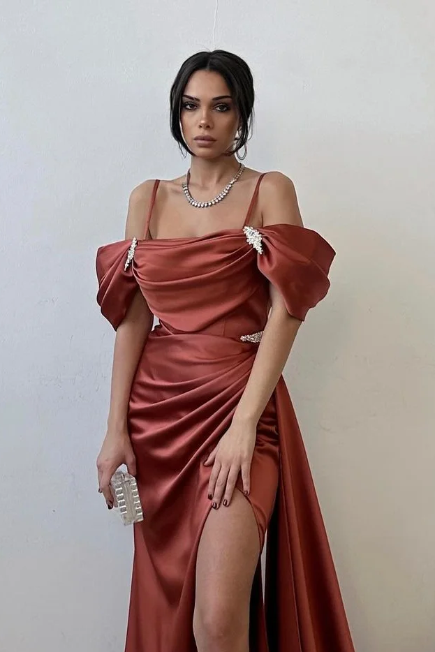 Exquisite Satin Spaghtti Strap Off the Shoulder Long Split Prom Dress with Beadings