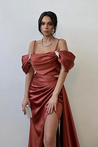 Exquisite Satin Spaghtti Strap Off the Shoulder Long Split Prom Dress with Beadings