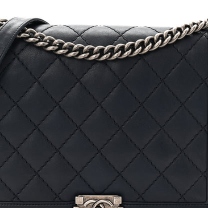 Calfskin Double Stitch Large Boy Flap Navy Blue