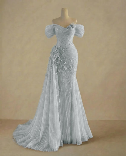 Dreamy Sky Blue Off-The-Shoulder Pleated Sequins Evening Dress With Side Train