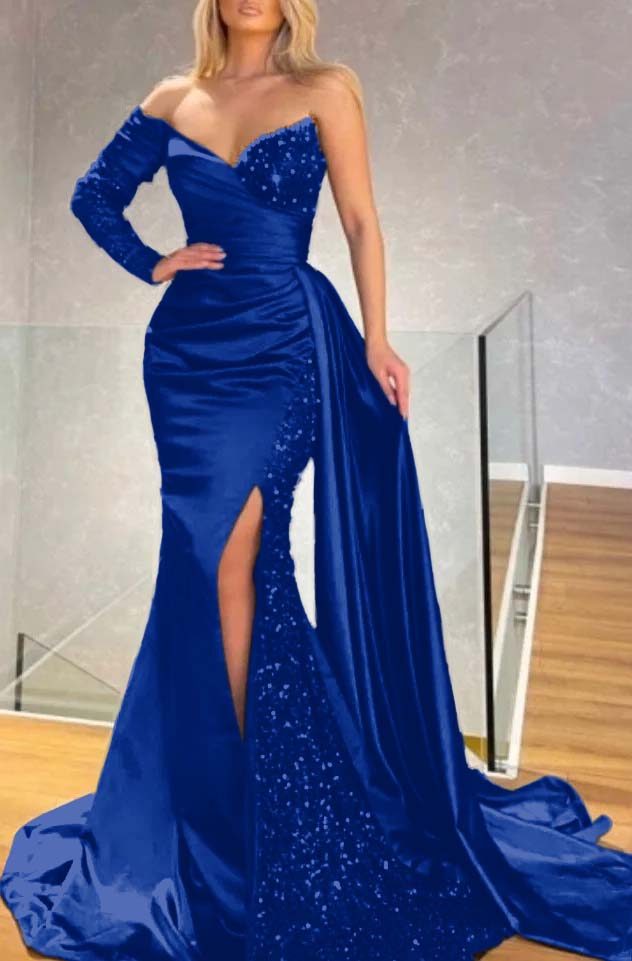 One Shoulder Long Sleeve Split Black Mermaid Prom Dress With Sequins