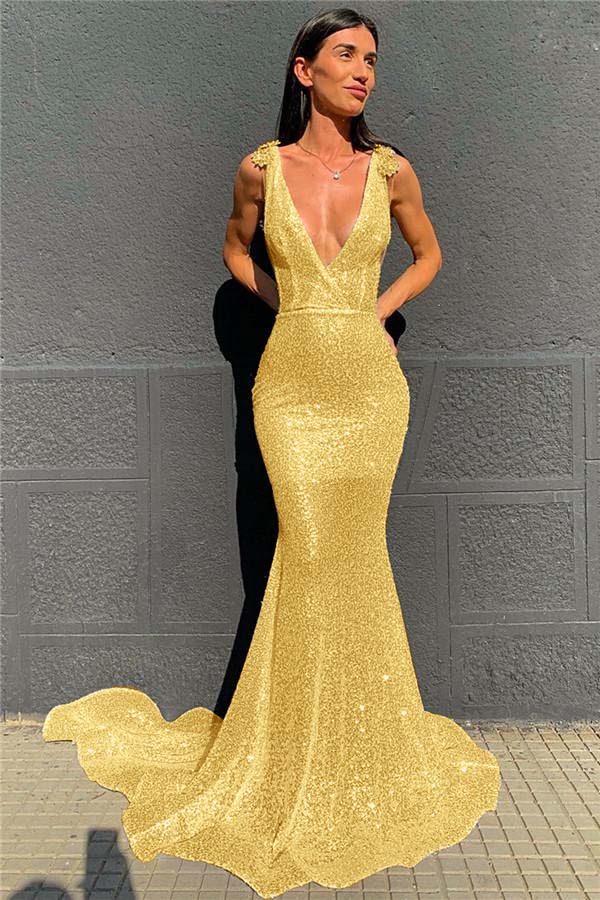 Deep V-Neck  Mermaid Prom Dress Open Back Sequins