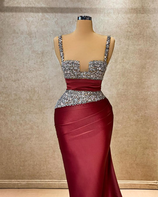 Red Sleeveless Spaghetti Straps Keyhole Square Beads Mermaid Prom Dress