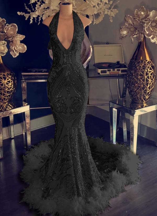 Mermaid Sequins Halter Prom Dress Open Back