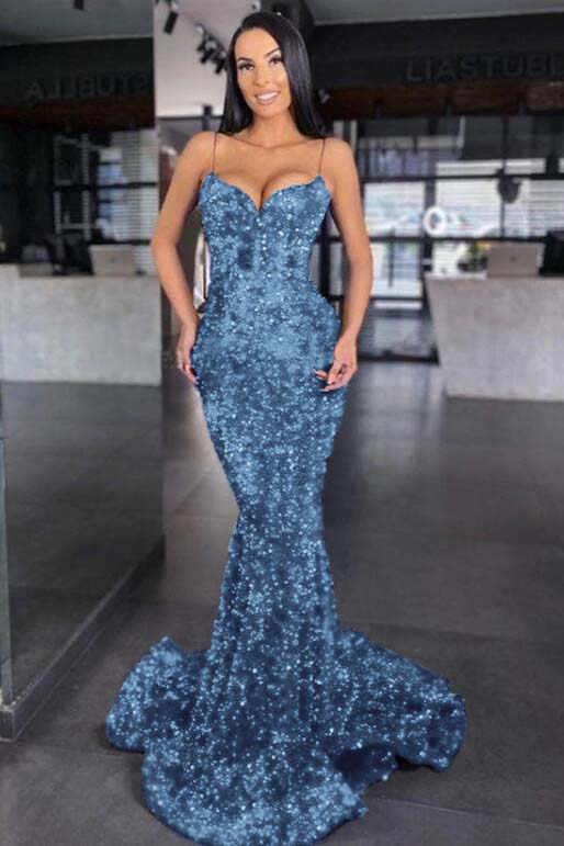 Sweetheart Royal Blue Spaghetti Strap Mermaid Prom Dress With Sequins