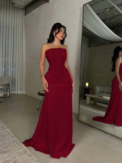 Sleeveless Square Mermaid Strapless Beads Prom Dress