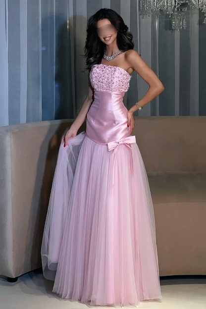 Charming Candy Pink Satin Tulle Sleeveless Strapless Long Evening Dress with Beadings