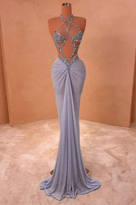 Light Purple Sleeveless Strapless Beads Mermaid Prom Dress