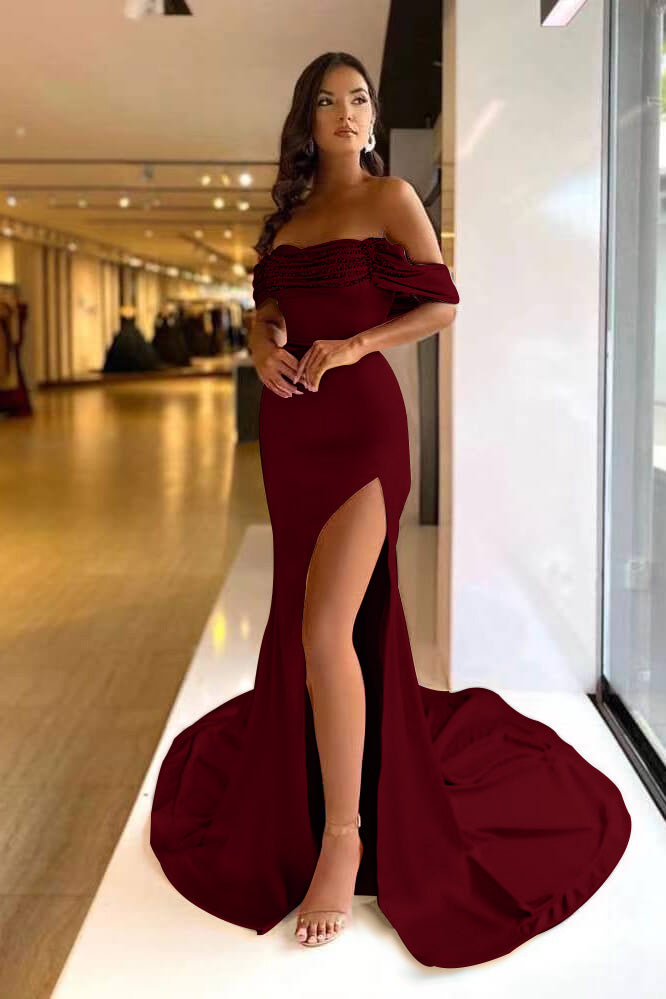 Pink Purple Off-The-Shoulder Mermaid Prom Dress Long Beads With Split