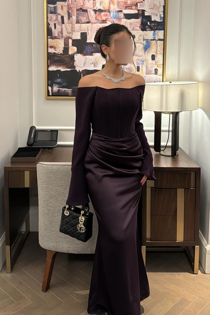 Chic Satin Regency Off the Shoulder Long Sleeves Mermaid Prom Dress with Pleated
