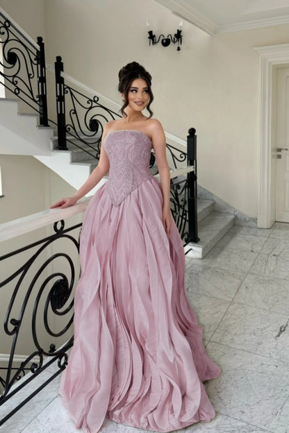 Elegant Pink Strapless Evening Dress A-Line Floor Length with Beading