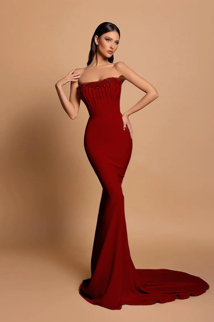 Strapless Pink Sleeveless Long Mermaid Beading Evening Dress