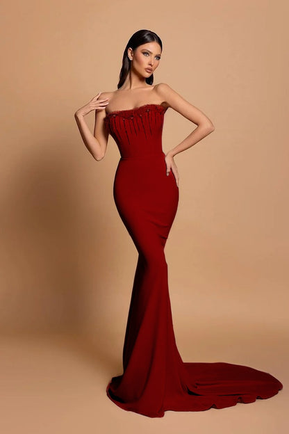 Strapless Pink Sleeveless Long Mermaid Beading Evening Dress