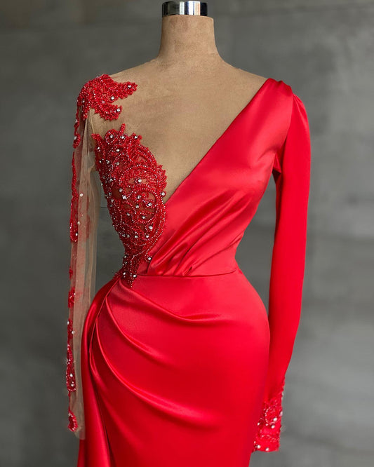 Long Sleeves Red Prom Dress Mermaid