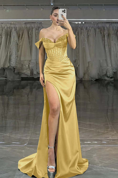 Charming Dark Green Satin Off the Shoulder Strapless Long Prom Dress with Beadings