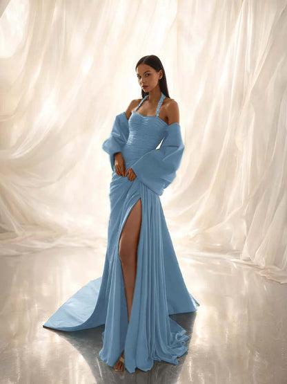 Charming Dark Green Halter Straps Pleated Split Evening Dress With Shawl