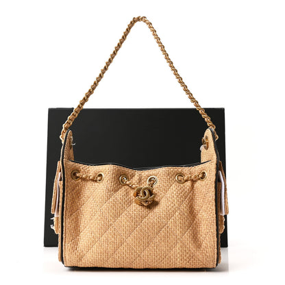 Braided Raffia Calfskin Quilted Mini Chanel 25 Handbag Beige Black