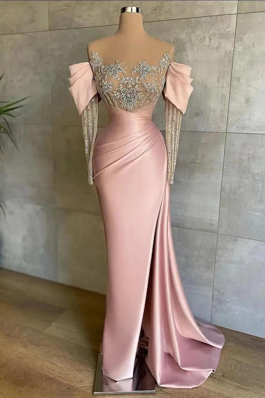 Pink Front Split Mermaid Long Sleeves Prom Dress Beadings With Appliques Off-The-Shoulder