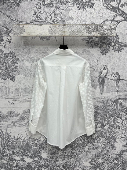 LV 25 Splicing Perspective Jacquard Monogram Sleeve Shirt White Cotton