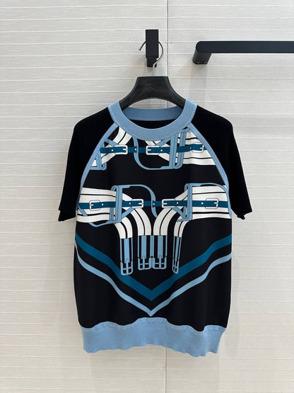 Hm 25 Print Patchwork Knit Top Black Blue Tencel Wool