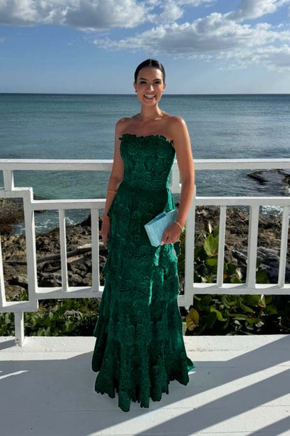 Elegant Mint Green Lace Strapless Sleeveless Prom Dress with Ruffles