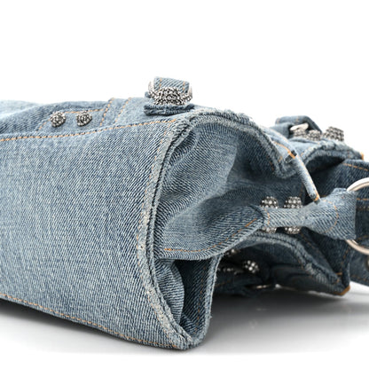 Washed Frayed Denim Crystal Neo Cagole Handbag XS Blue