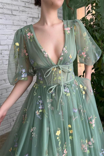 Aqua Beautiful Half Sleeves Deep V Neck Evening dress Tulle with Embroidery Flowers