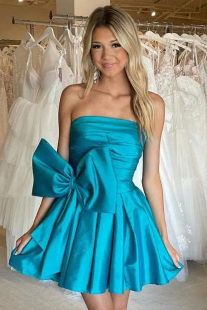 Cute A-Line Strapless Satin Short Homecoming Dresses with Bownot