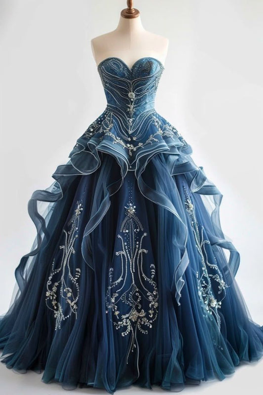 Gorgeous A Line Sweetheart Neck Beaded Ruffle Blue Tulle Prom Dress Evening Dress SH2407